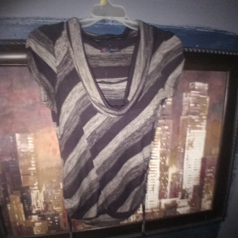 Striped Black and Gray Cowl Neck Top